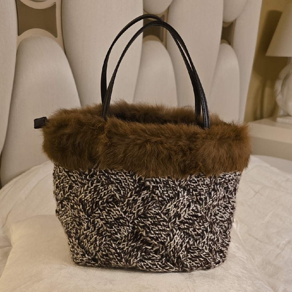 White and Brown Purse with Plush Fur Trim